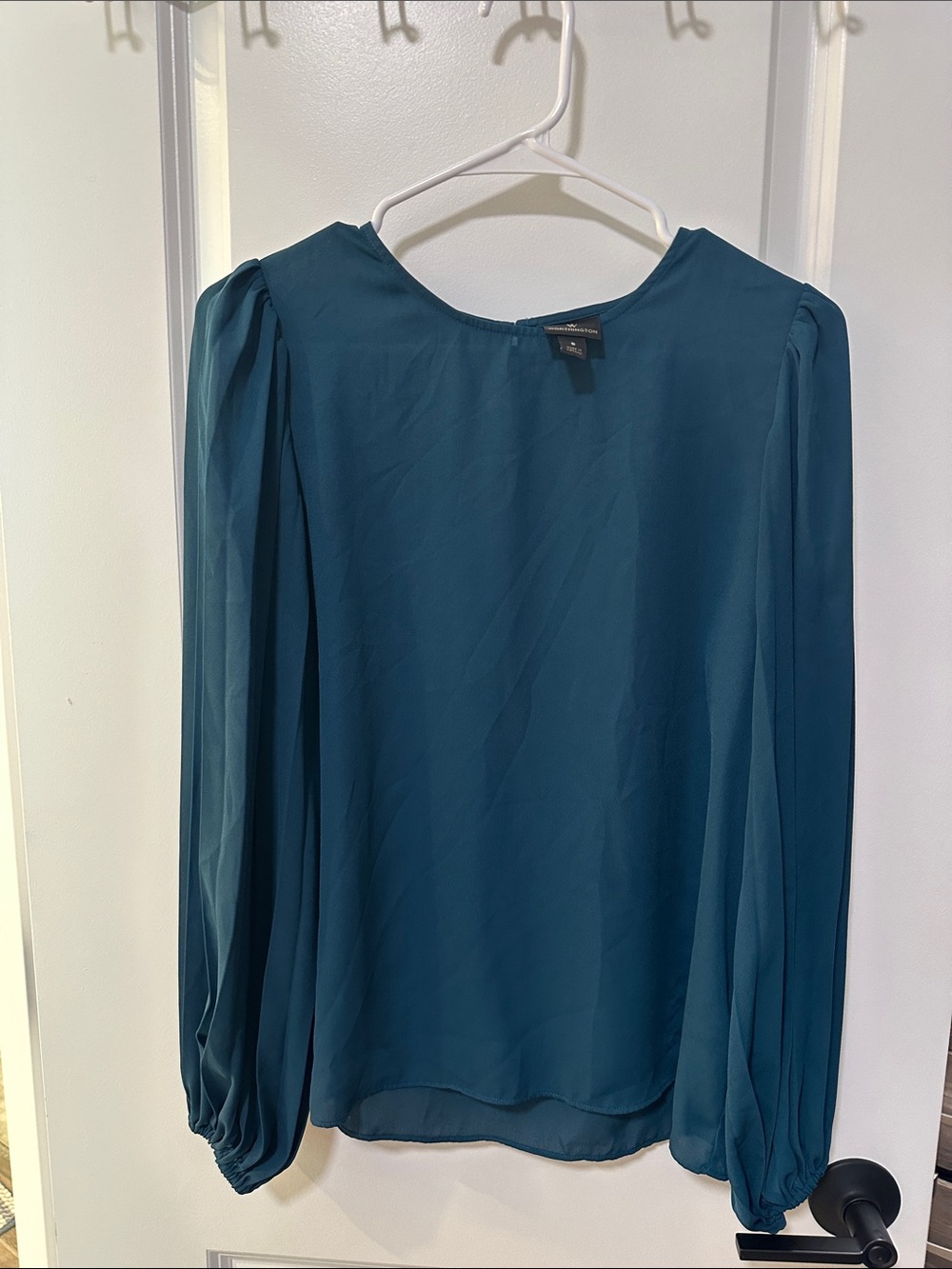 Worthington Teal Long-Sleeve Pleated-Sleeve Blouse